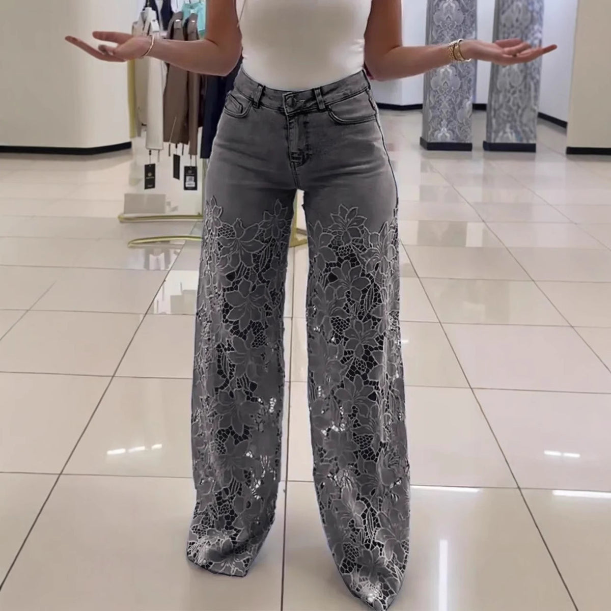 Jean évidé en dentelle Loom & Soul™ Y2K – Pantalon taille haute pour femme avec détails découpés floraux