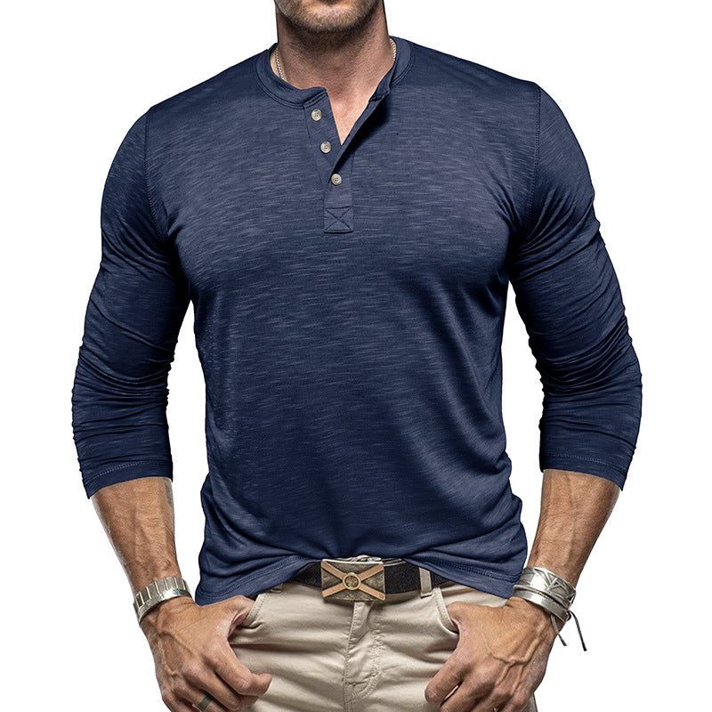 Camisa Henley de manga larga para hombre - Pulóver informal de algodón Slub