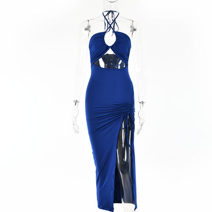 Vestido maxi dividido con cordones y cuello halter – Vestido de fiesta de verano Y2K sin espalda