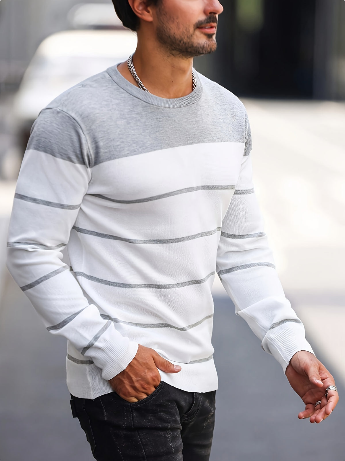 Men’s Navy Striped Knit Sweater – Casual Crew Neck Pullover