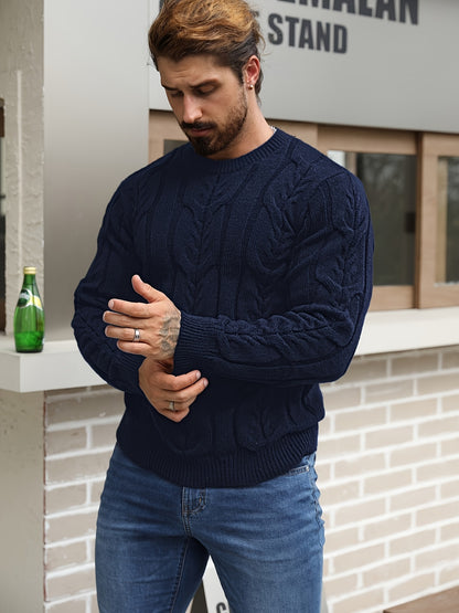 Suéter de punto a rayas para hombre – Suéter suave con cuello redondo y ribete acanalado