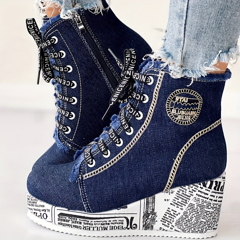 Bottines à talons épais scintillantes pour femmes – Bottines à lacets avec cœur en dentelle