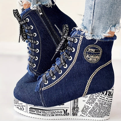 Bottines à talons épais scintillantes pour femmes – Bottines à lacets avec cœur en dentelle