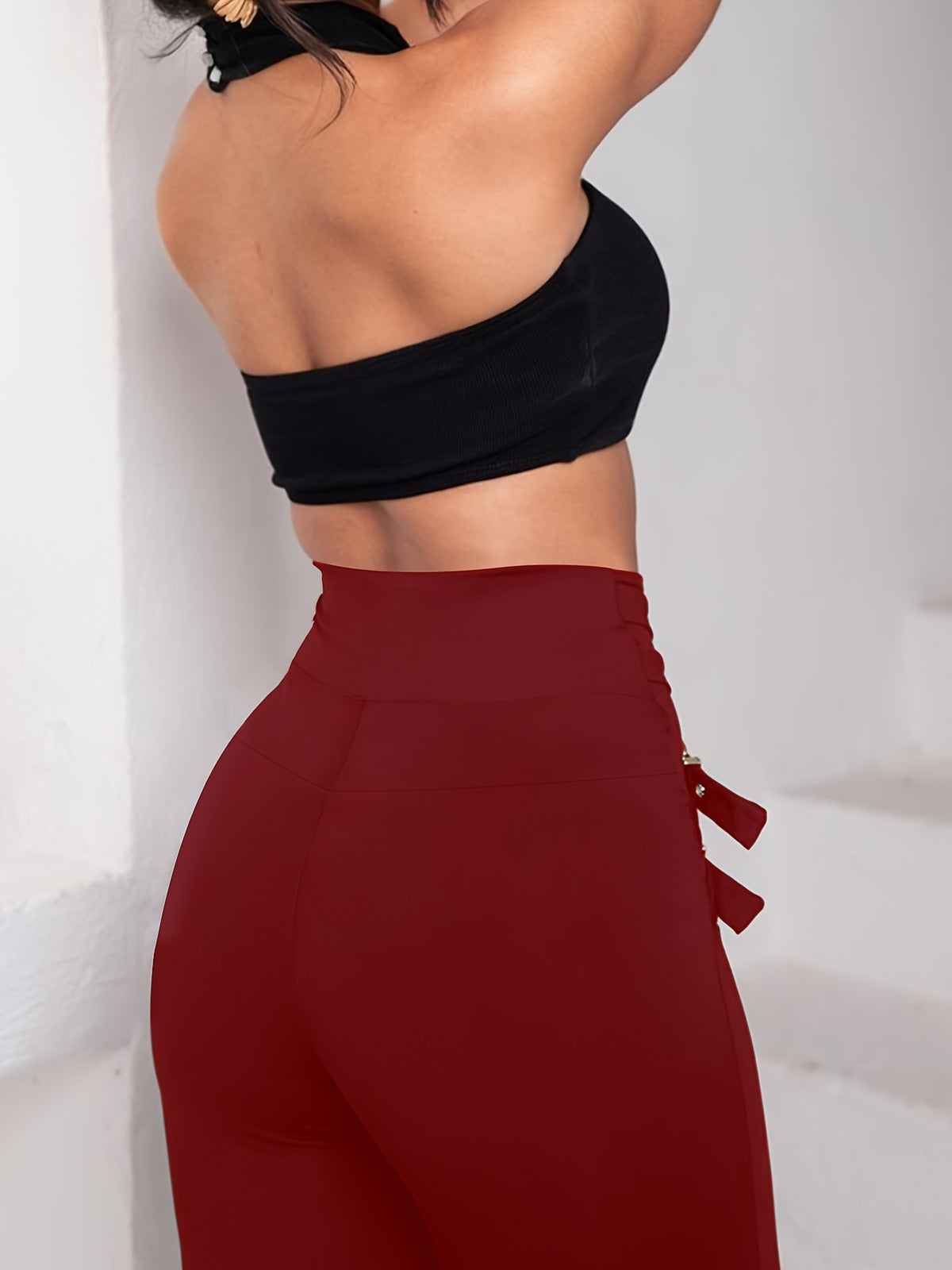 Pantalon taille haute femme à boucles croisées – Legging sculptant extensible