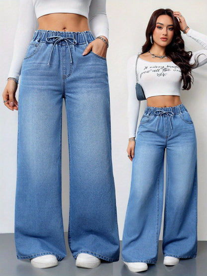 Jean large taille haute pour femme – Denim stretch avec cordon de serrage 2025