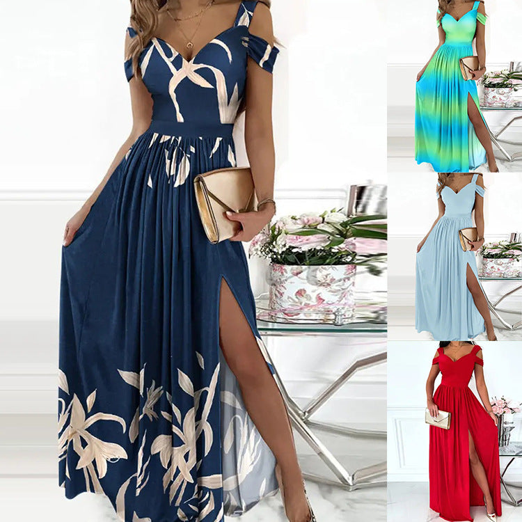 Robe longue bohème à col en V et bretelles spaghetti – Robe de plage fluide et fendue