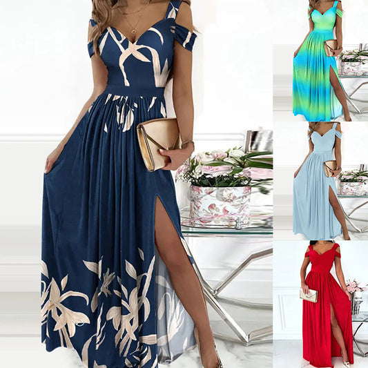 Maxivestido bohemio con cuello en V y tirantes finos – Vestido playero vaporoso con abertura lateral