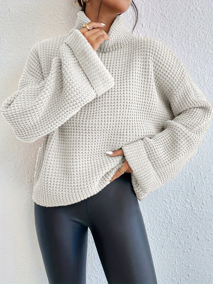 Women’s High-Neck Drop Shoulder Waffle Sweater – Vibrant Blue Knit