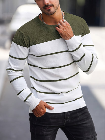 Men’s Navy Striped Knit Sweater – Casual Crew Neck Pullover