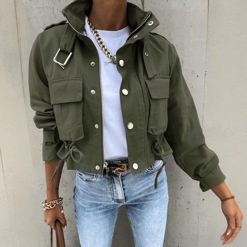 Women’s Stand Collar Jacket with Button & Zipper – Casual Short Fit