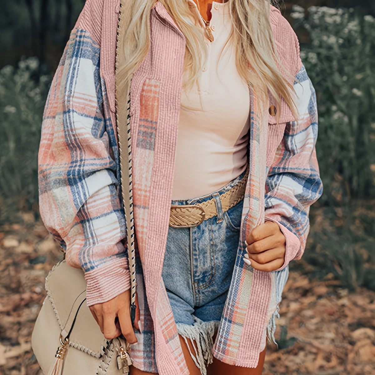 Shacket à carreaux pour femme – Col à revers, boutonnée, épaules tombantes, automne/printemps