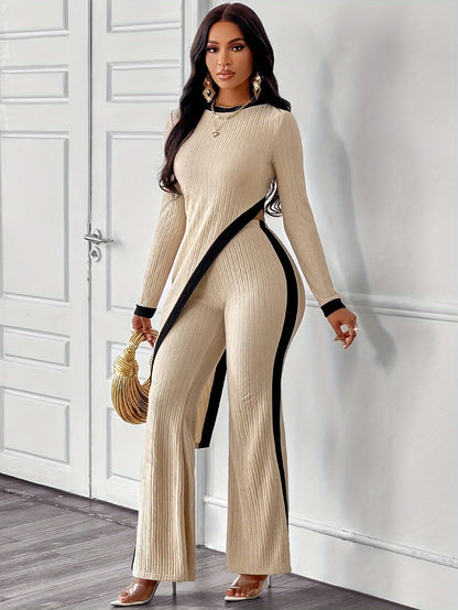 Ensemble Combinaison Élégante Asymétrique pour Femme – Haut Col Rond et Pantalon Évasé