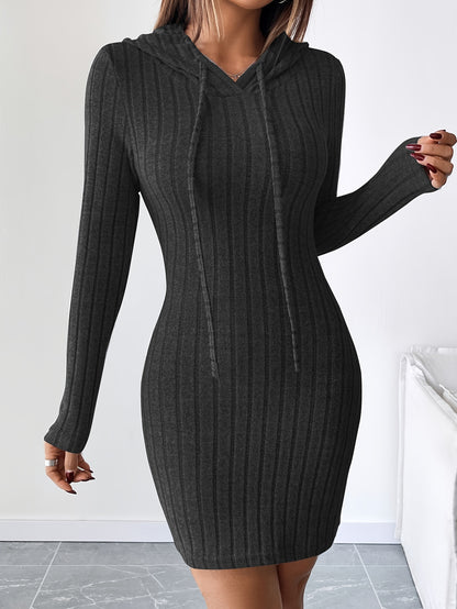 Women’s Ribbed Hooded Bodycon Dress – Drawstring Long Sleeve Pencil Fit