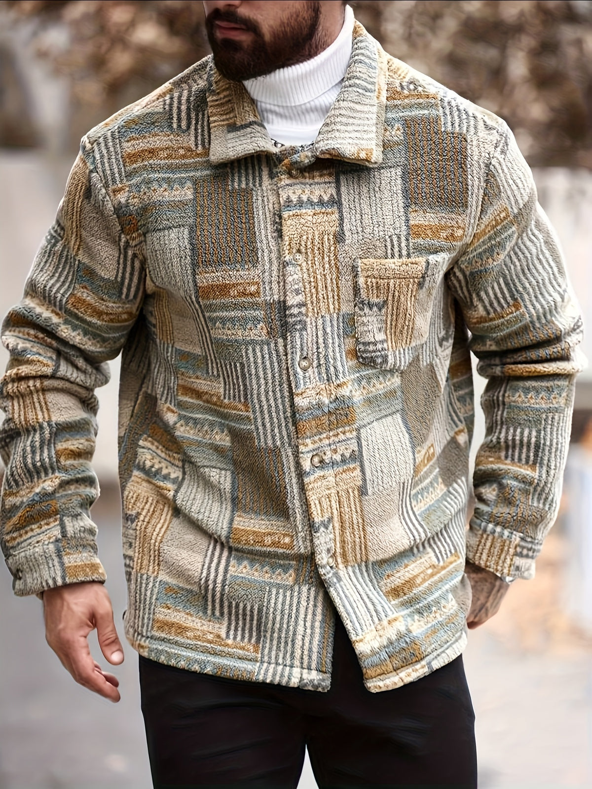 Men’s Retro Geometric Fleece Jacket – Vintage Button-Up Shirt Jacket