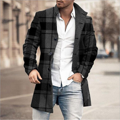 Men’s Printed Wool Trench Coat – Long Sleeve European Style