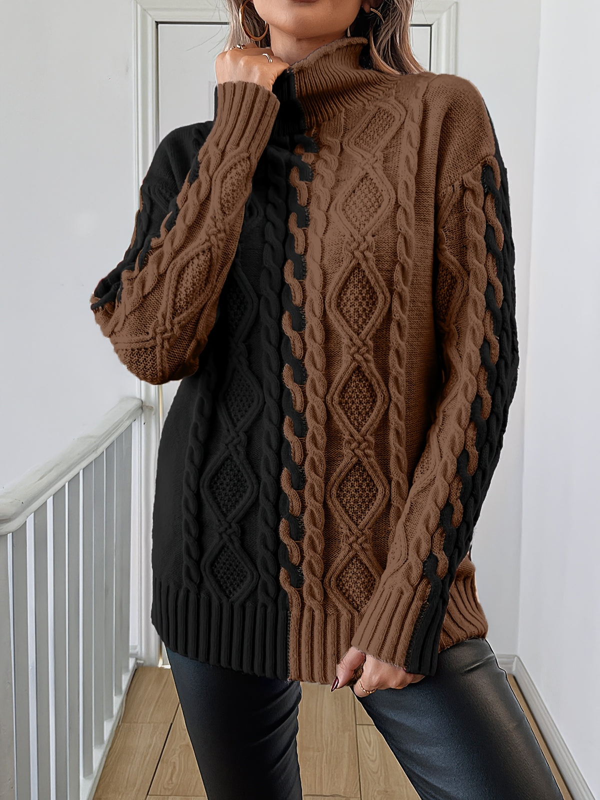 Elegant High-Neck Striped Blouse – Color-Block Knit Long Sleeve Top