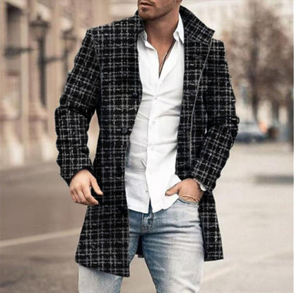Men’s Printed Wool Trench Coat – Long Sleeve European Style