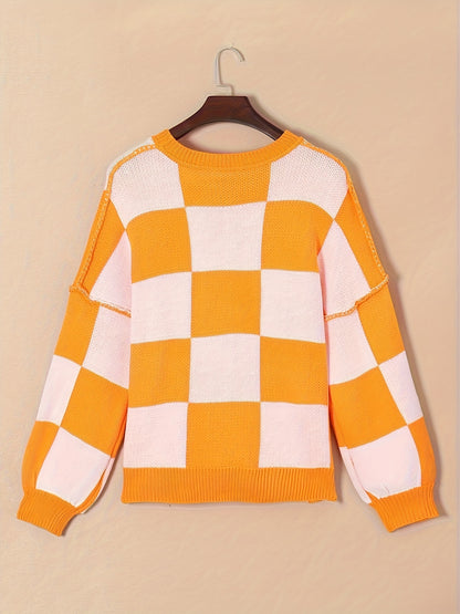 Checkered Knit Sweater – Cozy Fall/Winter Crewneck Plaid Pullover