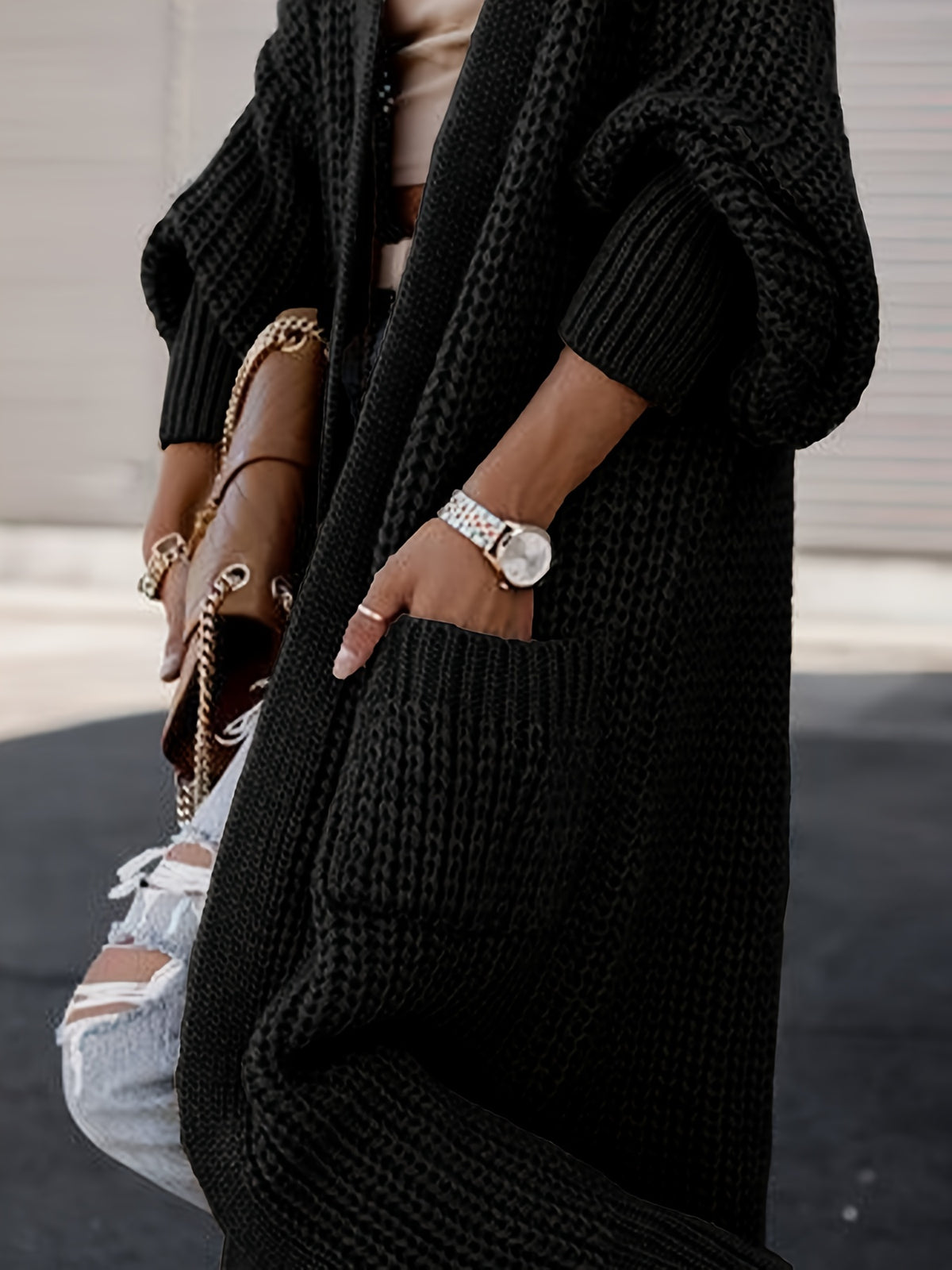 Elegant Deep V-Neck Ribbed Cardigan – Women’s Fall/Winter Knit Sweater