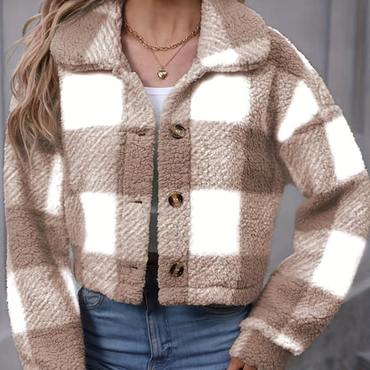 Manteau en peluche à carreaux pour femme – Vêtement d'extérieur chaud à carreaux pour l'automne/hiver avec boutons