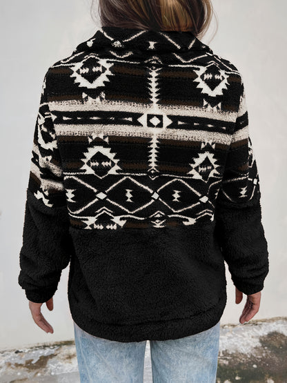 Sweat-shirt Teddy à motif géométrique – Pull polaire demi-zippé pour l'automne et l'hiver
