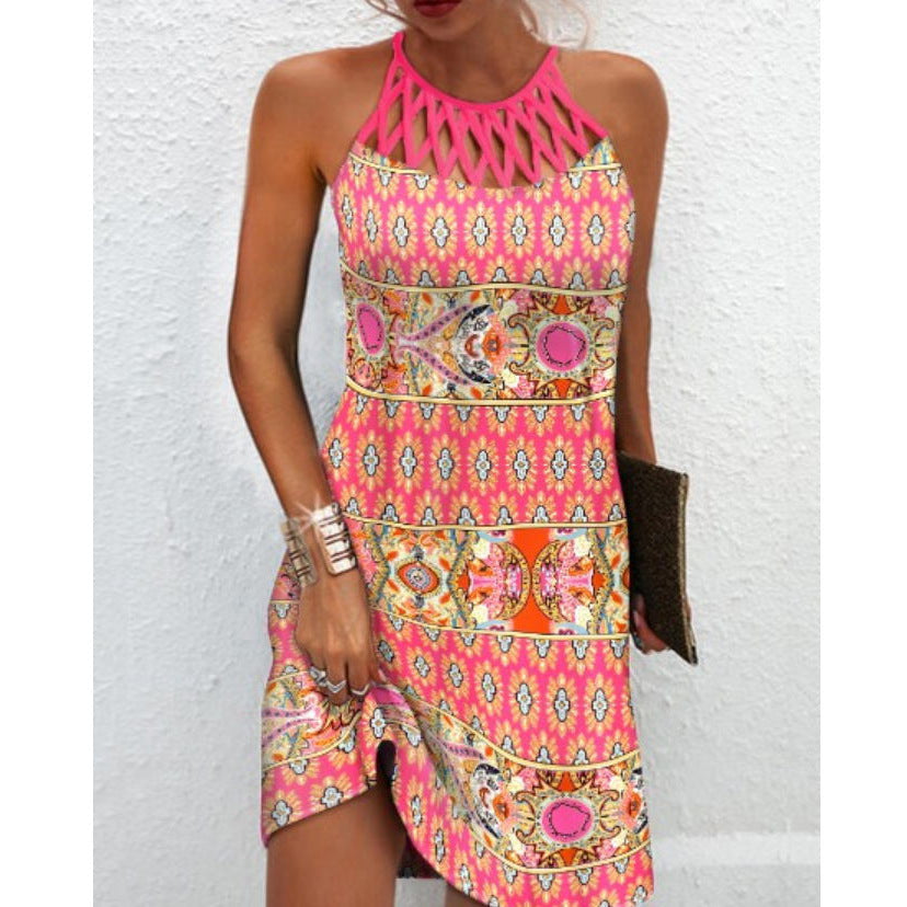Robe d'été dos nu imprimée – Robe midi trapèze décontractée pour femme
