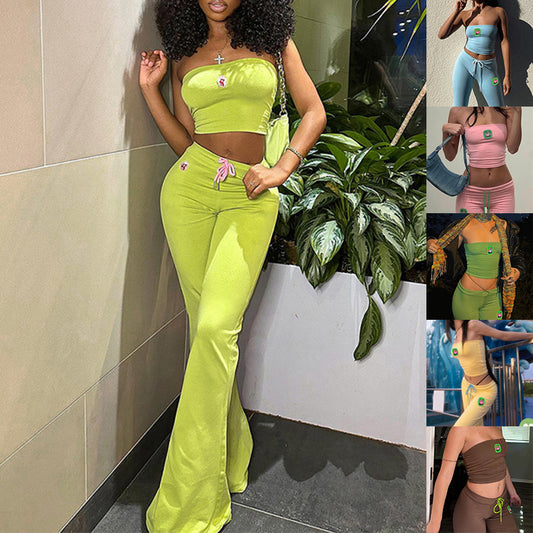 Loom & Soul™ Summer Embroidered Two-Piece Set – Women’s Tube Top & High-Waist Bell-Bottom Pants