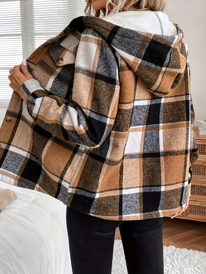 Veste à capuche à carreaux pour femme – Vêtement d'extérieur toutes saisons doublé polaire à boutons
