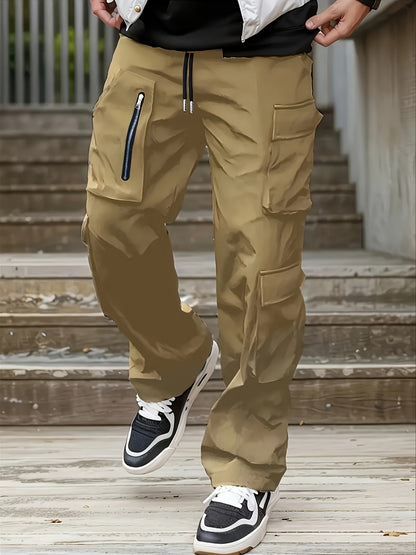 Pantalon cargo noir pour homme – Jogging d'extérieur coupe ample multi-zips pour le printemps/l'automne