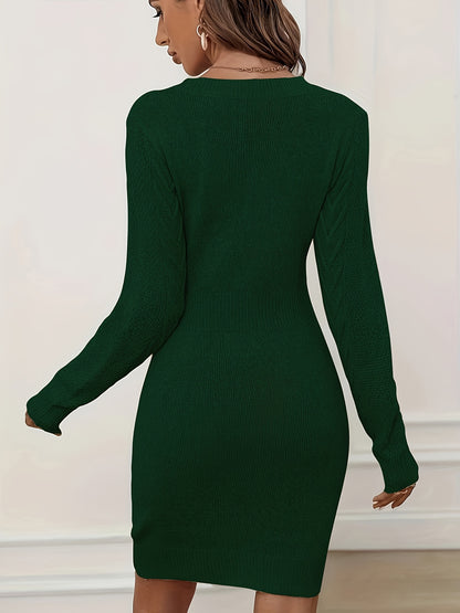 Cinched Waist Long Sleeve Bodycon Dress – Elegant Crew Neck Sweater Dress