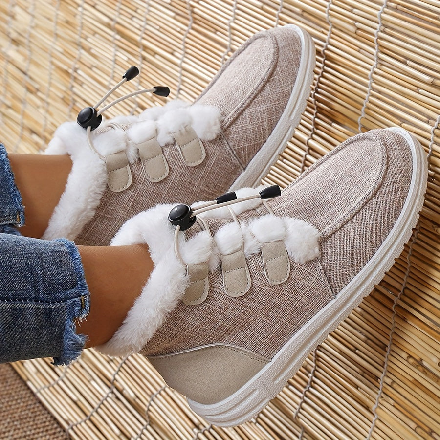 Women’s Faux Fur Slip-On Shoes – Cozy Winter Warm Beige Drawstring Loafers