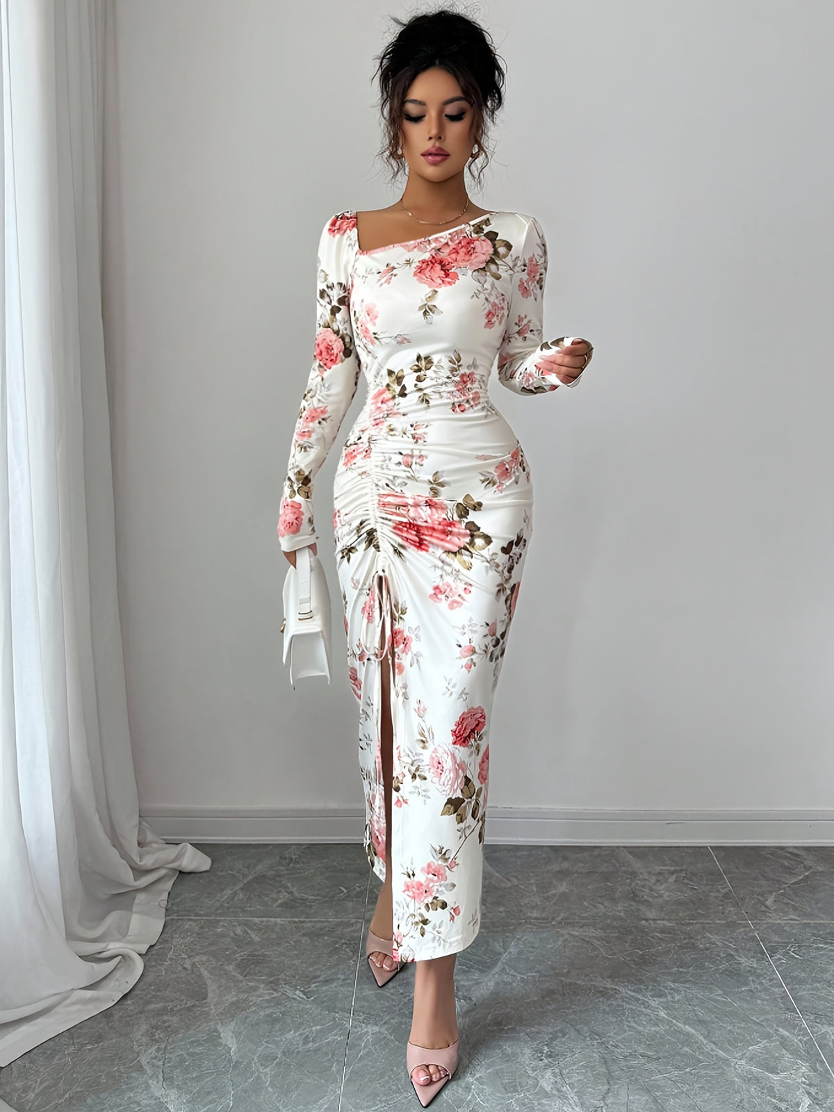 Asymmetrical Floral Bodycon Dress – Long Sleeve Ruffle Slit Dress