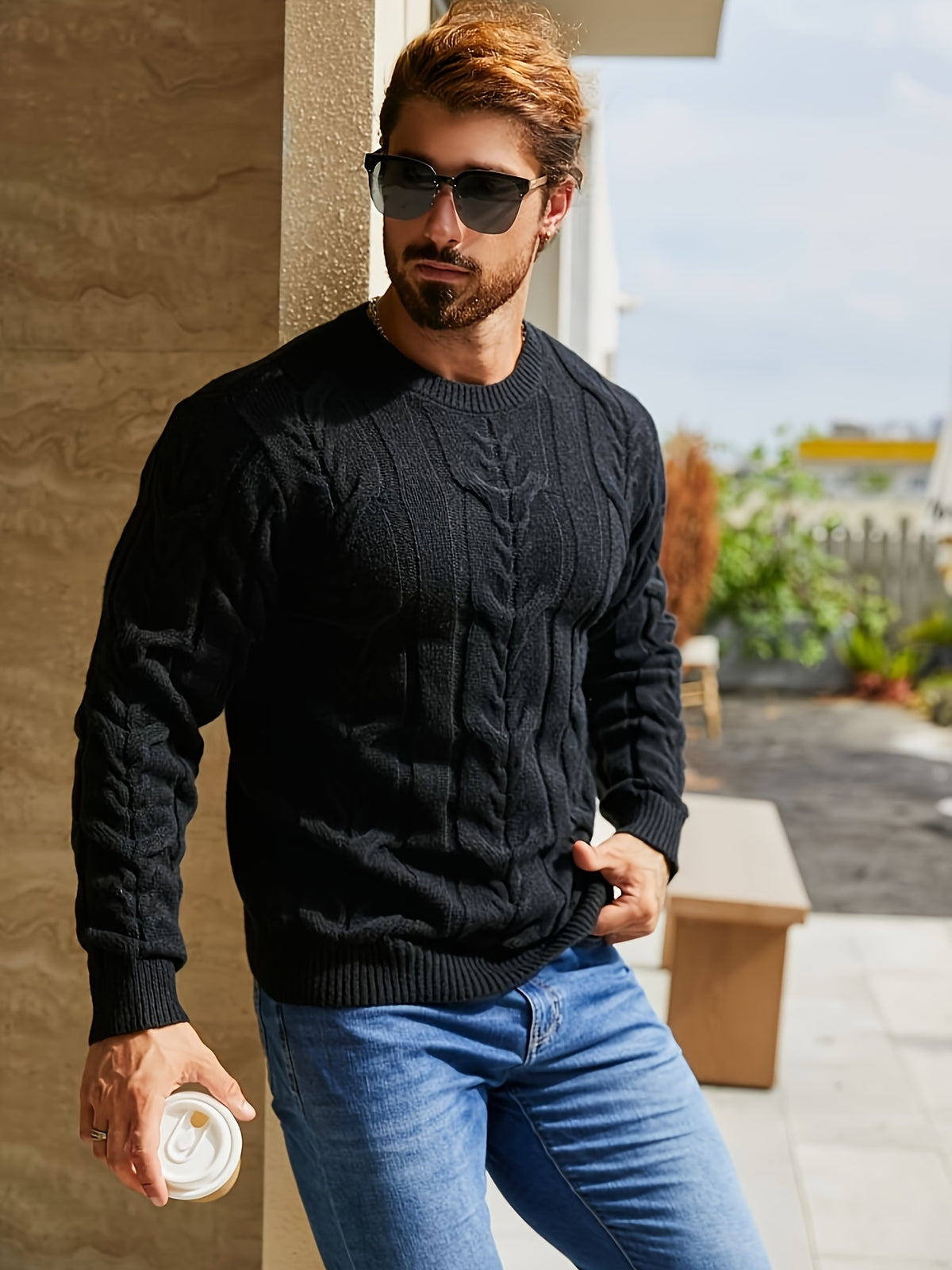 Suéter de punto a rayas para hombre – Suéter suave con cuello redondo y ribete acanalado