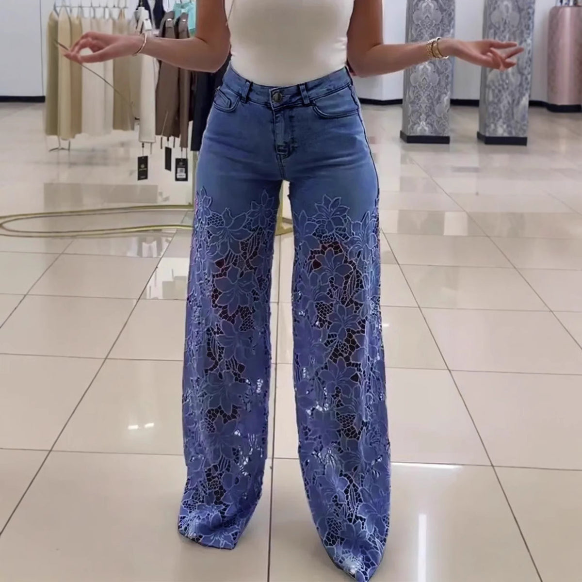 Jean évidé en dentelle Loom & Soul™ Y2K – Pantalon taille haute pour femme avec détails découpés floraux