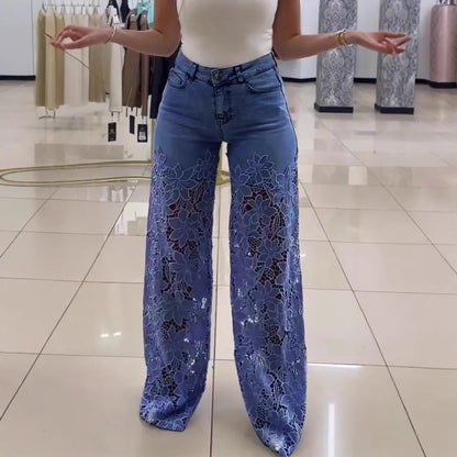 Jean évidé en dentelle Loom & Soul™ Y2K – Pantalon taille haute pour femme avec détails découpés floraux