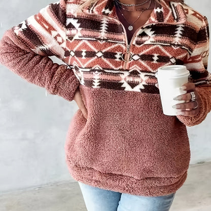 Sweat-shirt Teddy à motif géométrique – Pull polaire demi-zippé pour l'automne et l'hiver