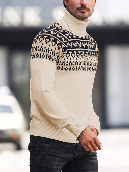 Men’s Geometric Turtleneck Sweater – Casual Knit Pullover for Fall & Winter