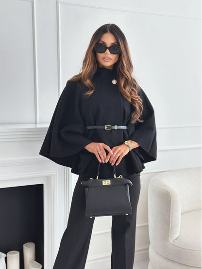 Loom & Soul Batwing Cloak Top – Stand Collar Woolen Belted Jacket for Women