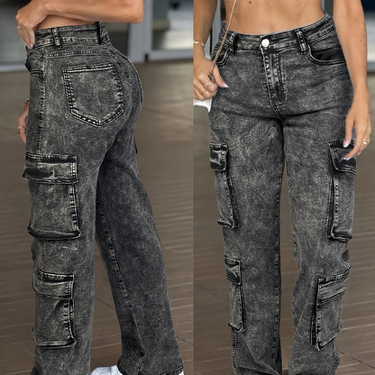 Jean cargo taille haute pour femme – Pantalon en jean multipoches style workwear