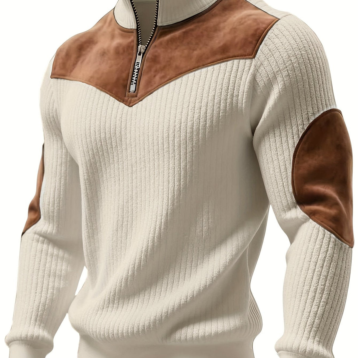 Pull Homme Demi-Zip Col Droit – Sweat Rétro Chaud et Côtelé