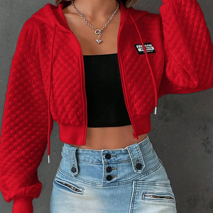 Sweat à capuche élégant à lettres pour femme – Pull court de rue rouge et noir