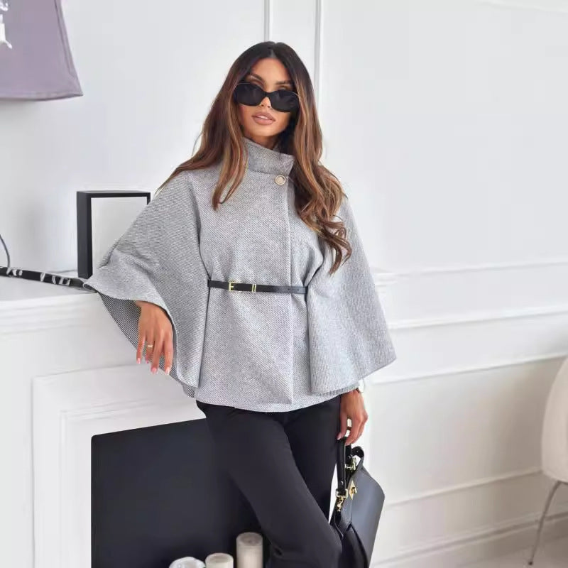 Loom & Soul Batwing Cloak Top – Stand Collar Woolen Belted Jacket for Women