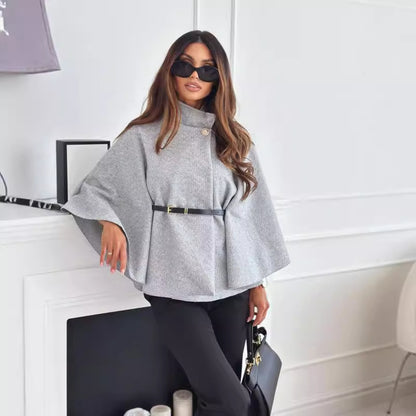 Loom & Soul Batwing Cloak Top – Stand Collar Woolen Belted Jacket for Women