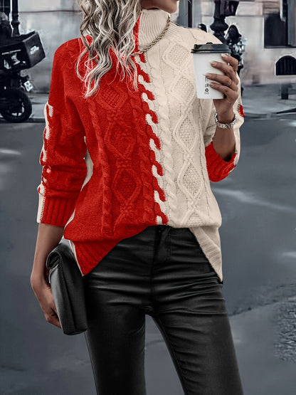 Elegant High-Neck Striped Blouse – Color-Block Knit Long Sleeve Top