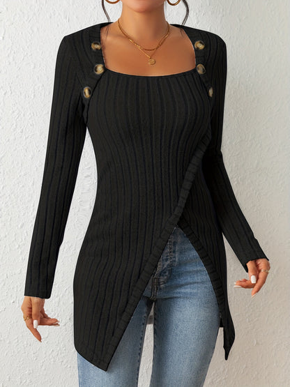 T-shirt en maille ajusté pour femme – Haut à manches longues et col carré