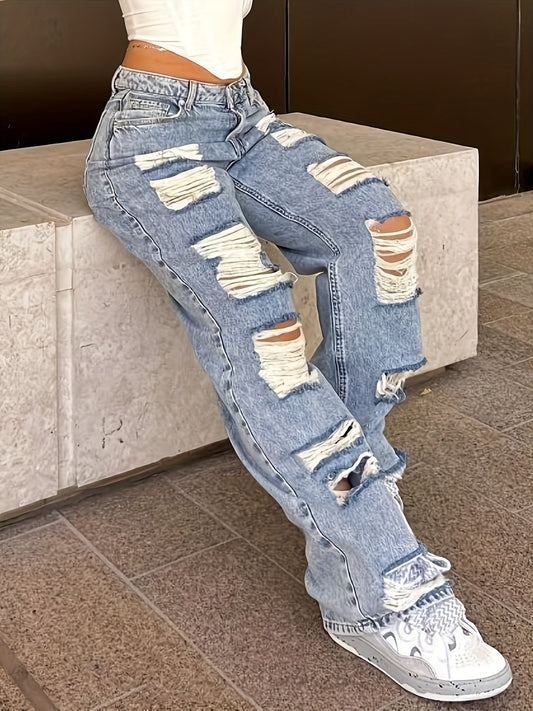 Vintage Distressed Wide Leg Jeans – Classic Washed Blue Street Denim