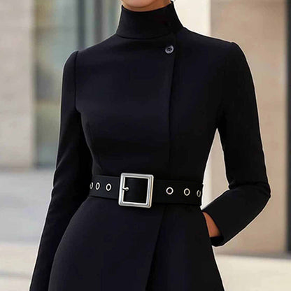 Women’s Stand Collar Belted Midi Dress – Slim Fit Office Elegance