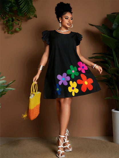Robe soleil fleurie à manches volantées – Élégante robe d'été longueur genou