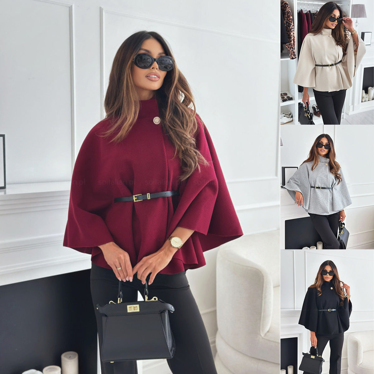 Loom & Soul Batwing Cloak Top – Stand Collar Woolen Belted Jacket for Women