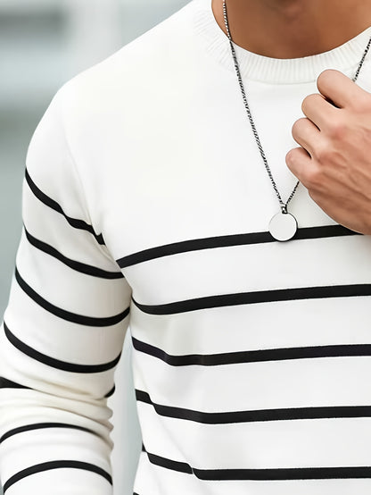 Men’s Striped Knit Sweater – Casual Crew Neck Streetwear Pullover